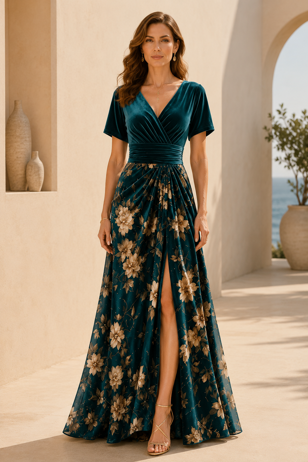 Vestido maxi de terciopelo con cuello en V floral y abertura