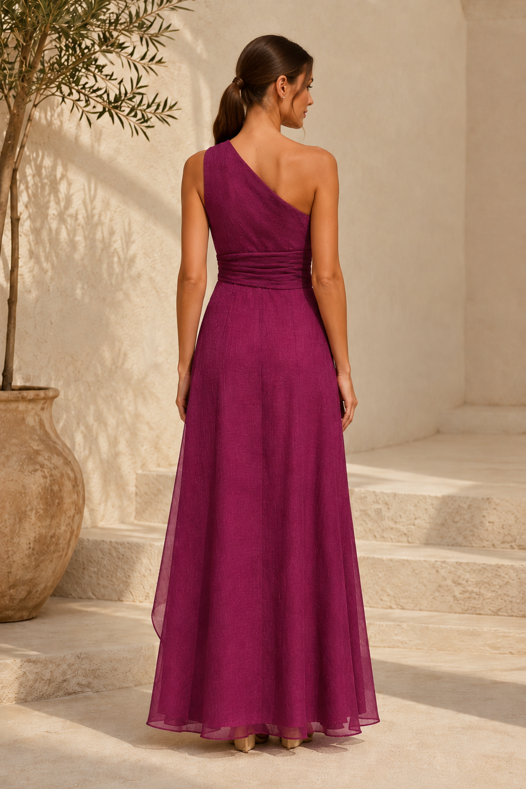 Vestido de noche de chifón con corte en A y un solo hombro