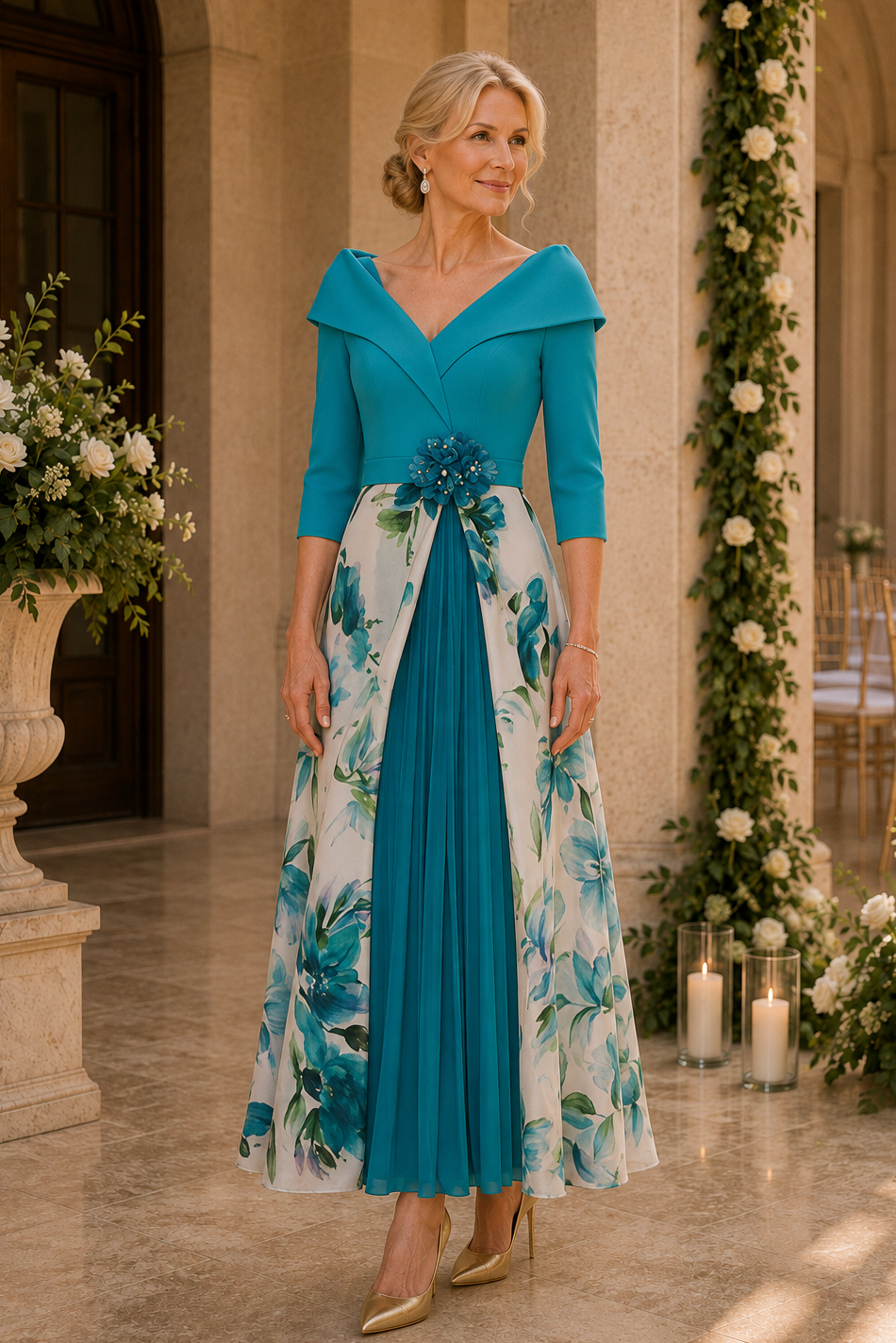 Vestido hasta el tobillo con cuello retrato, floral y plisado