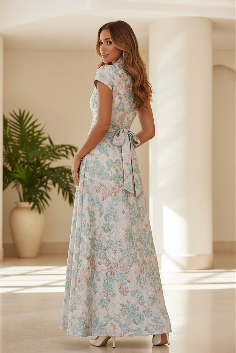 Vestido maxi cruzado de jacquard floral con cinturón de lazo