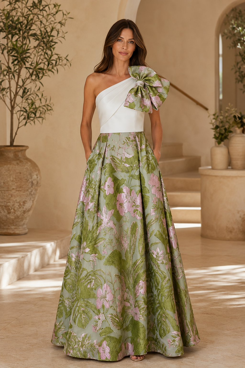Vestido de noche acampanado de jacquard floral con un hombro