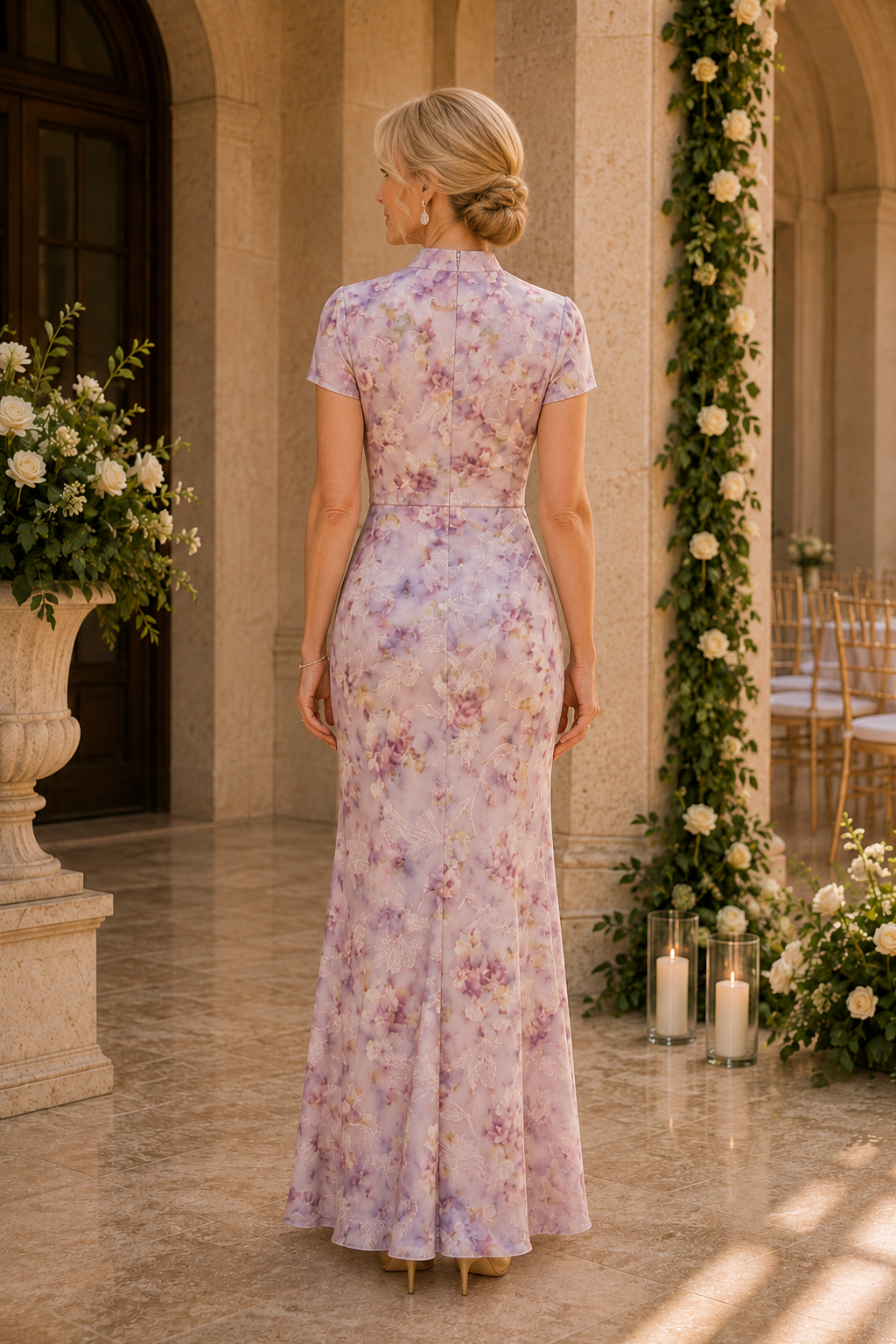 Vestido largo de manga corta fruncido con cuello alto y estampado floral