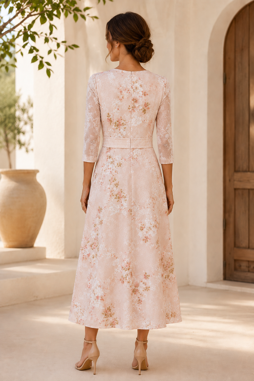 Vestido Midi Evasé con Estampado Floral, Escote en V y Mangas 3/4
