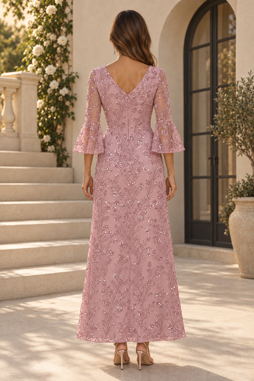 Vestido Largo con Lentejuelas, Mangas Acampanadas, Cuello en V y Corte A