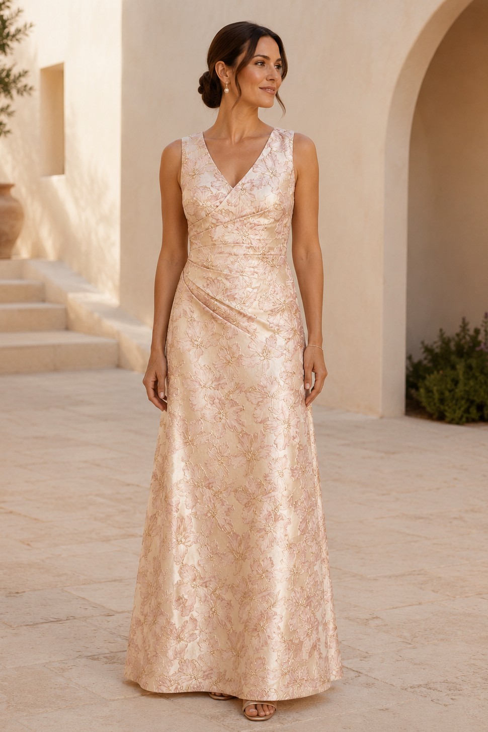 Vestido de noche acampanado con escote en V y jacquard floral