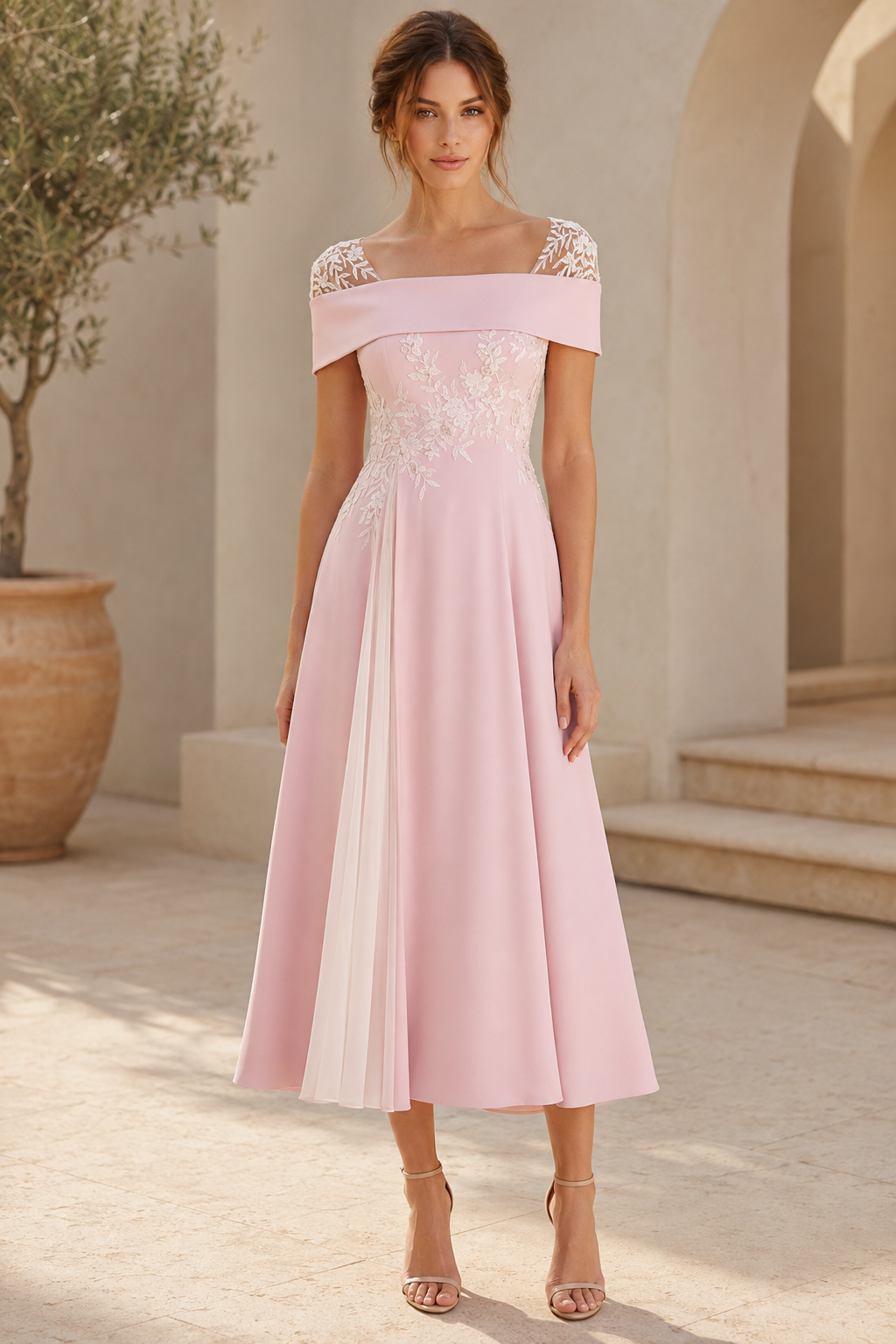 Vestido midi evasé con cuerpo bordado