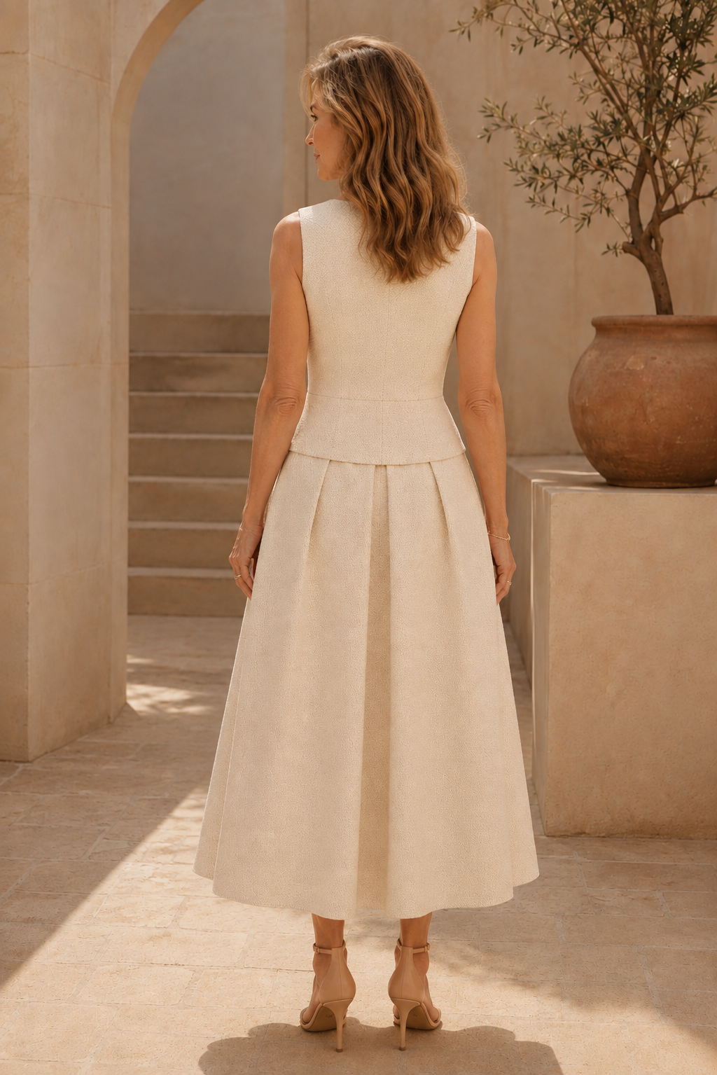 Conjunto de dos piezas de vestido midi acampanado y chaqueta corta