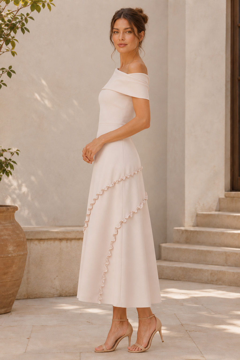 Vestido midi de escote asimétrico y costuras con volantes