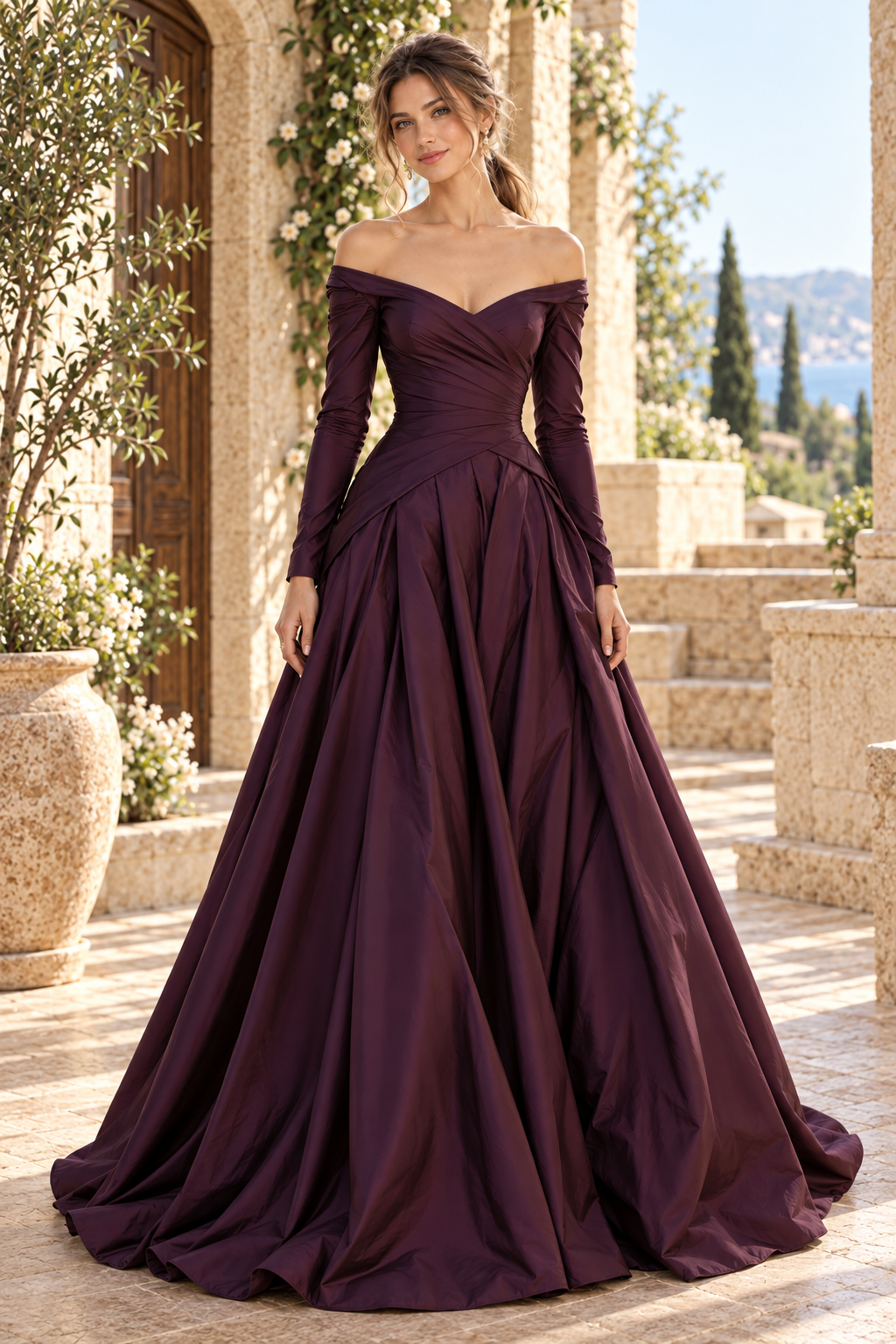 Off-the-Shoulder Long Sleeve Ball Gown
