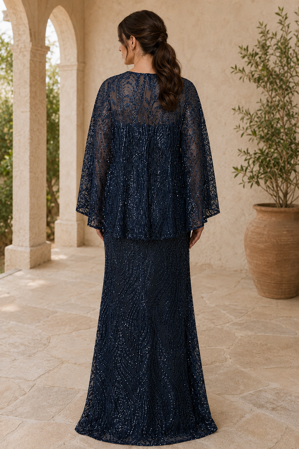 Vestido de noche largo hasta el suelo con capa superpuesta de lentejuelas