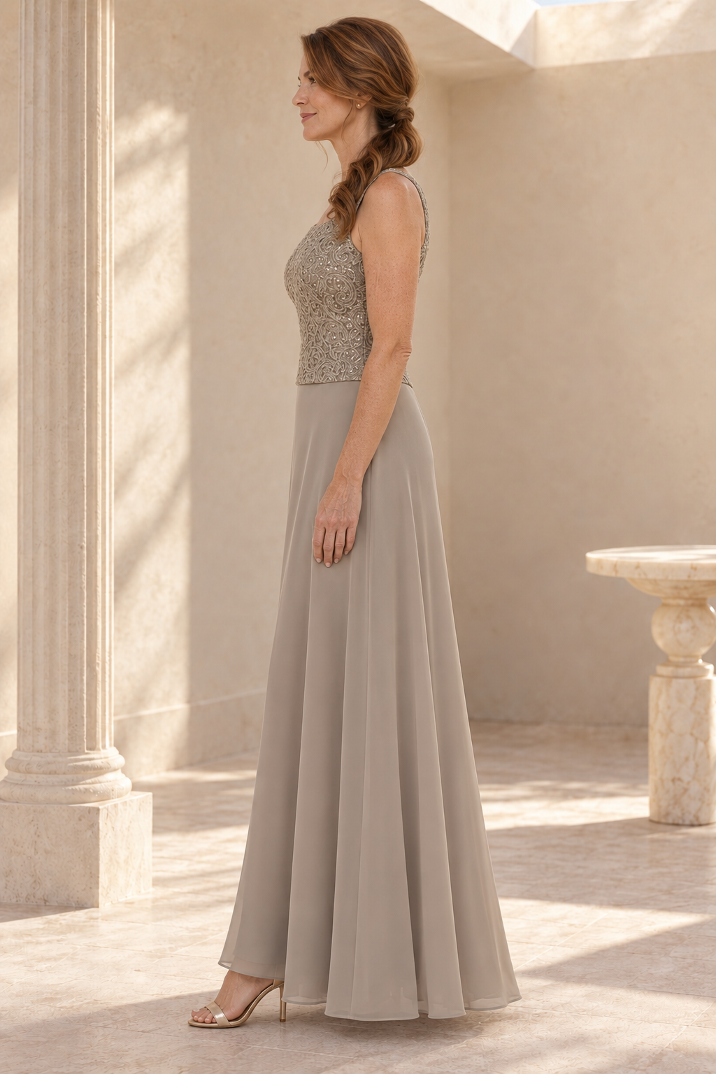 Square Neck Beaded Bodice A-Line Maxi Dress