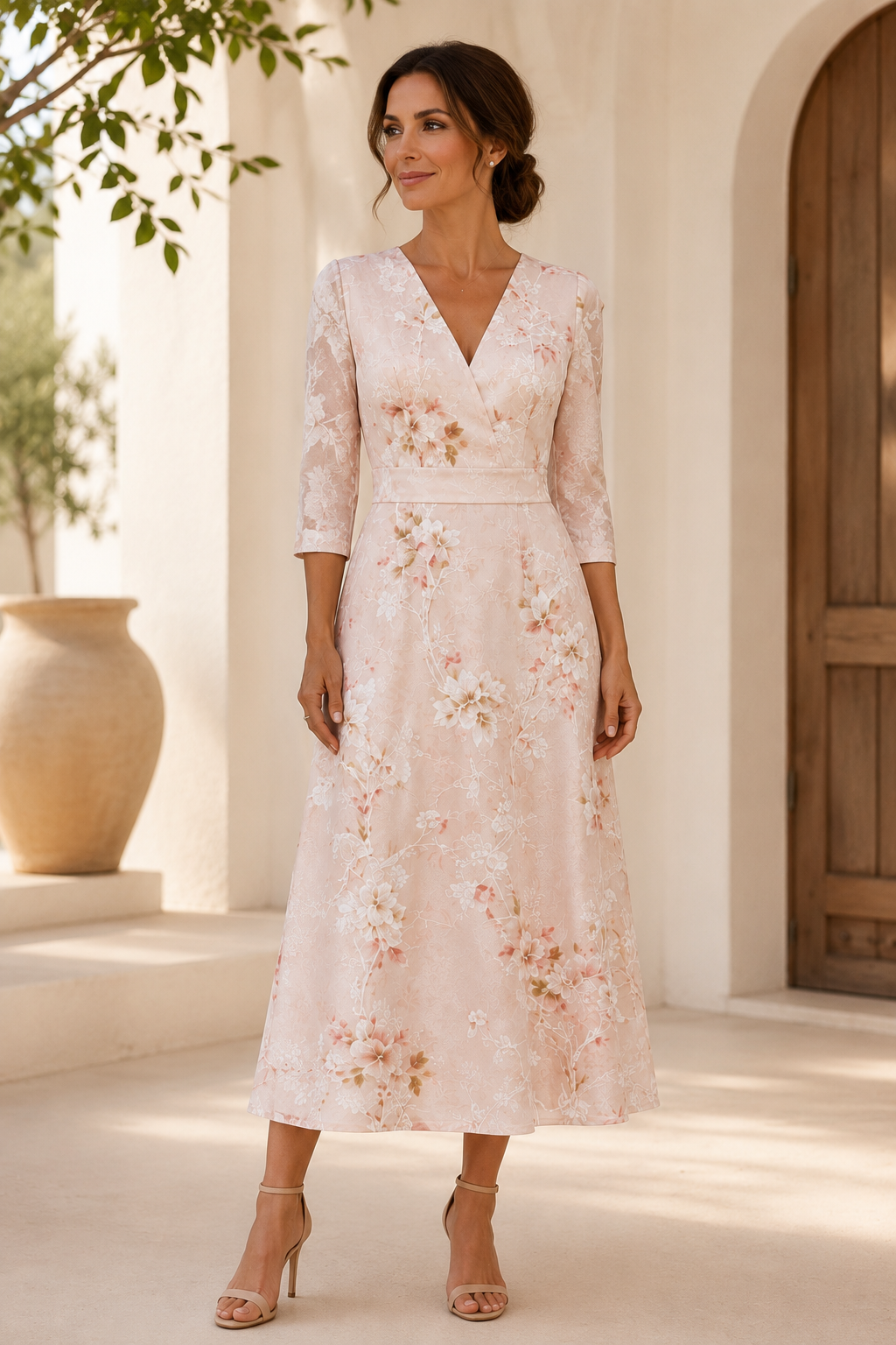Vestido Midi Evasé con Estampado Floral, Escote en V y Mangas 3/4