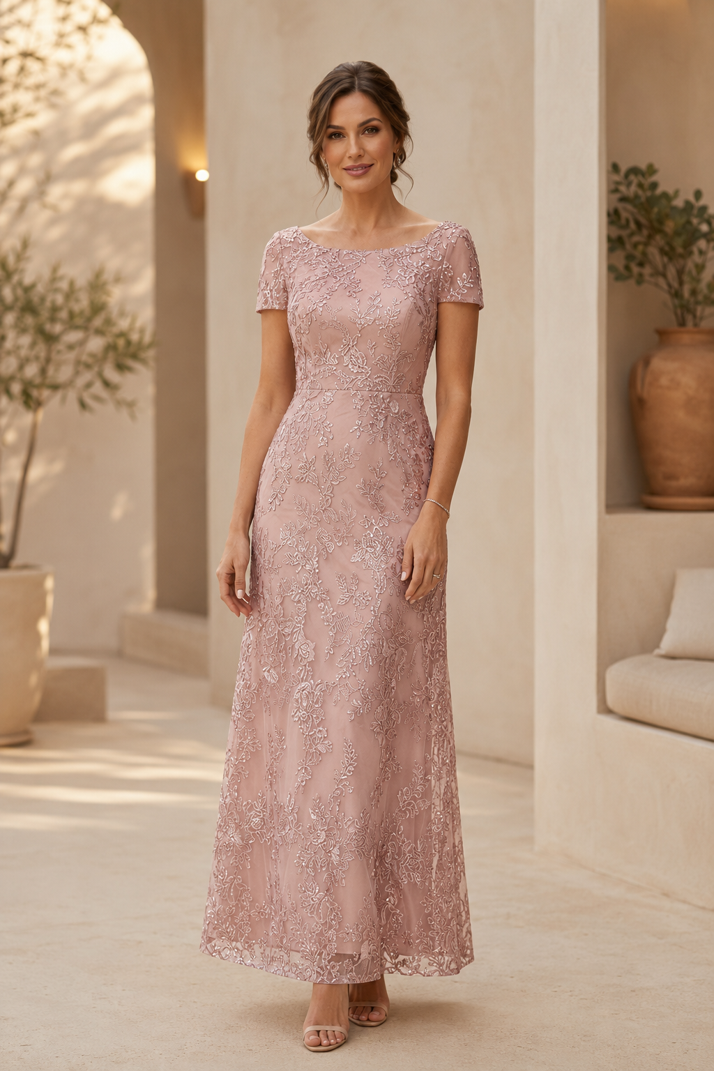 Vestido de encaje para la madre de la novia con cuello bateau