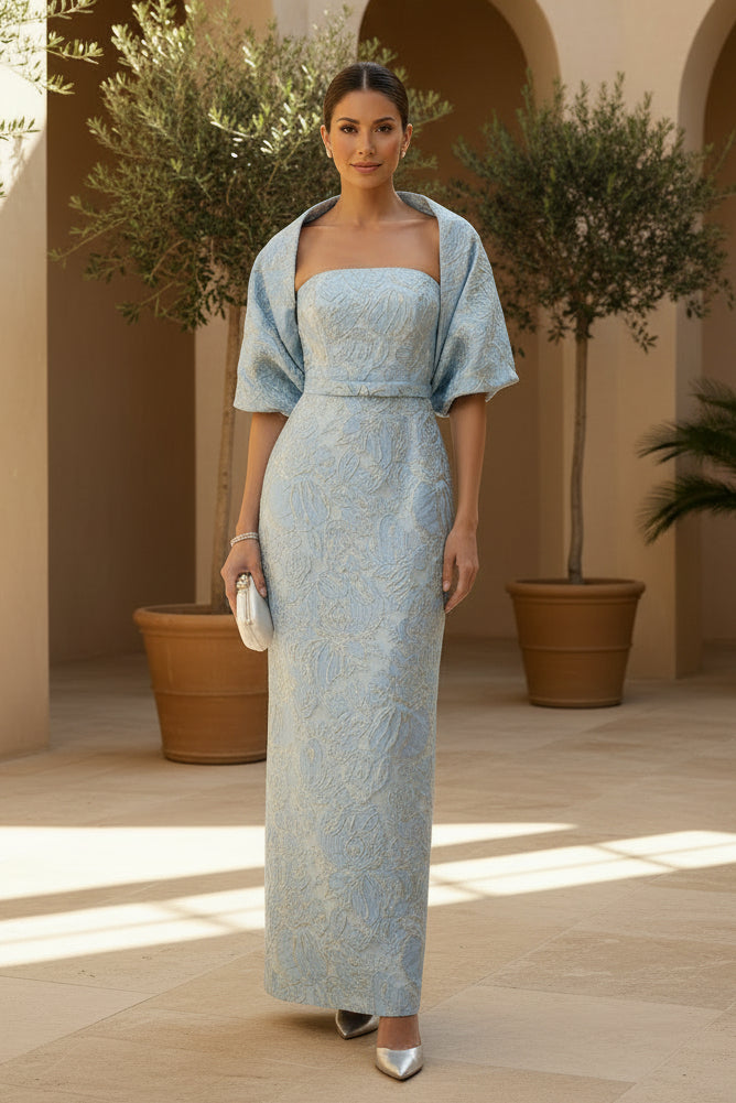 Vestido largo columna Jacquard sin tirantes con chal
