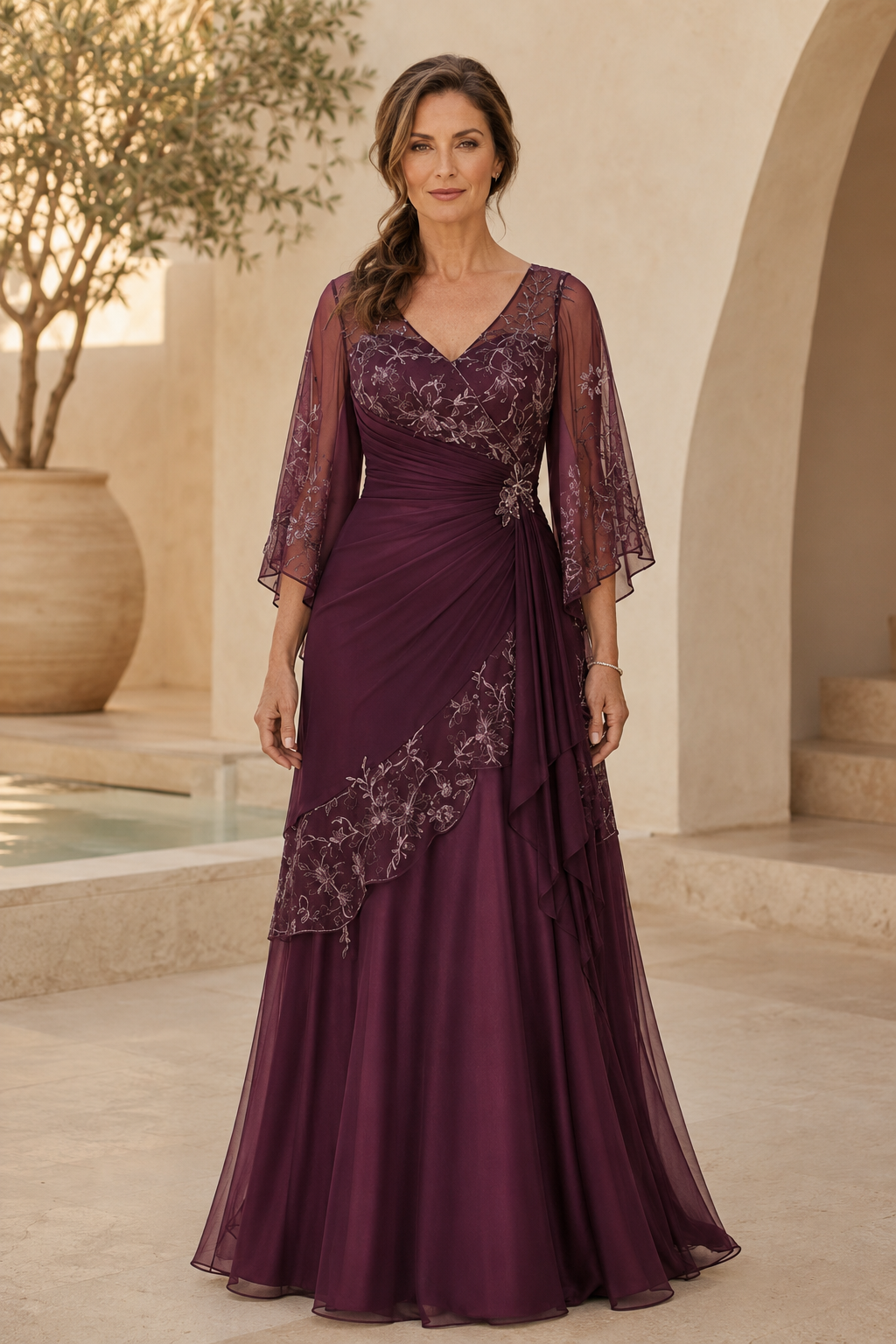 Vestido de gala de línea A bordado con fruncido y mangas acampanadas