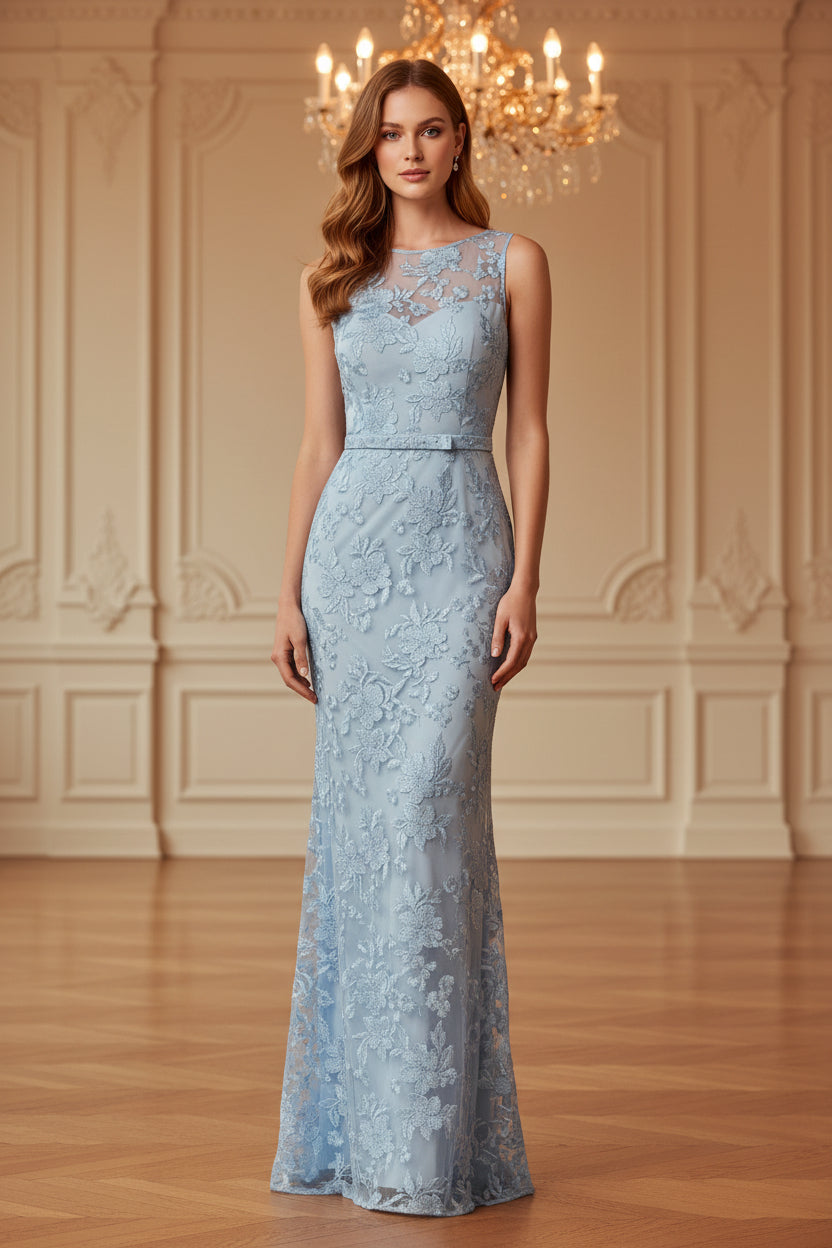 Vestido de noche estilo columna con encaje y escote ilusión