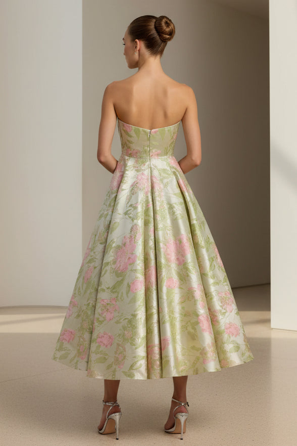 Vestido Acampanado de Jacquard Floral sin Tirantes Largo Té
