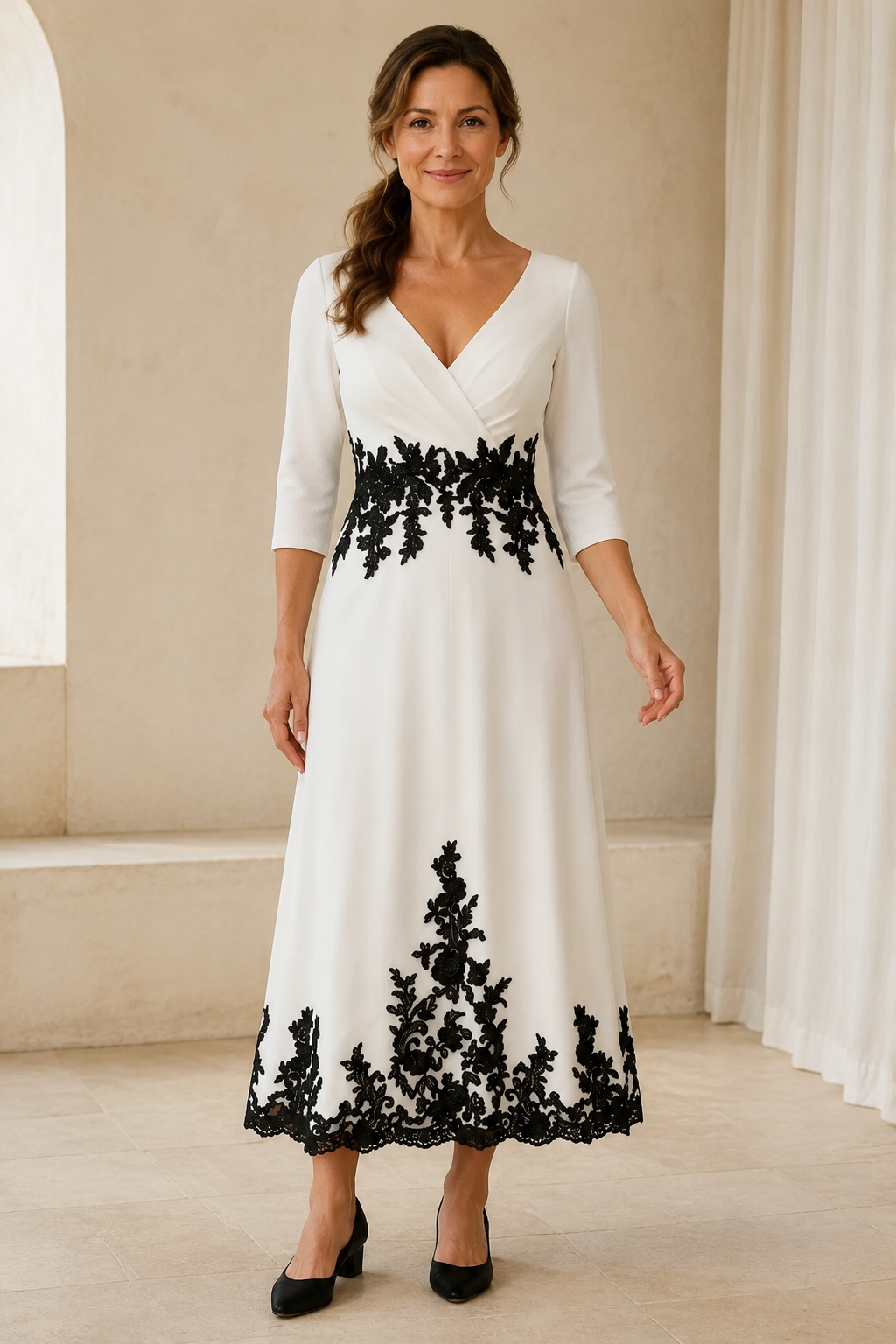 Vestido Midi de Corte Evasé con Adorno de Encaje Negro