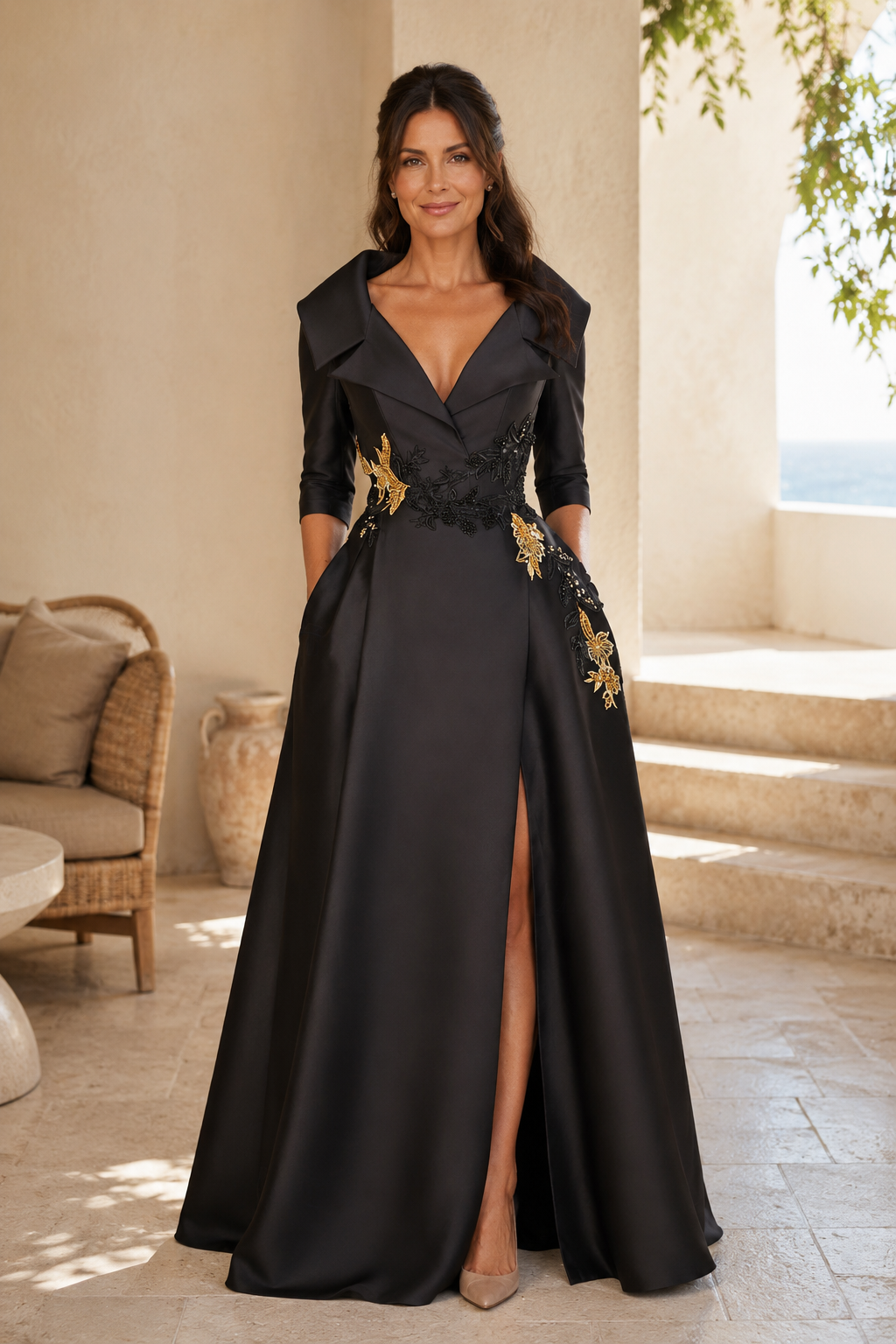 Vestido de Noche de Satén Corte A con Cuello Retrato y Abertura Alta