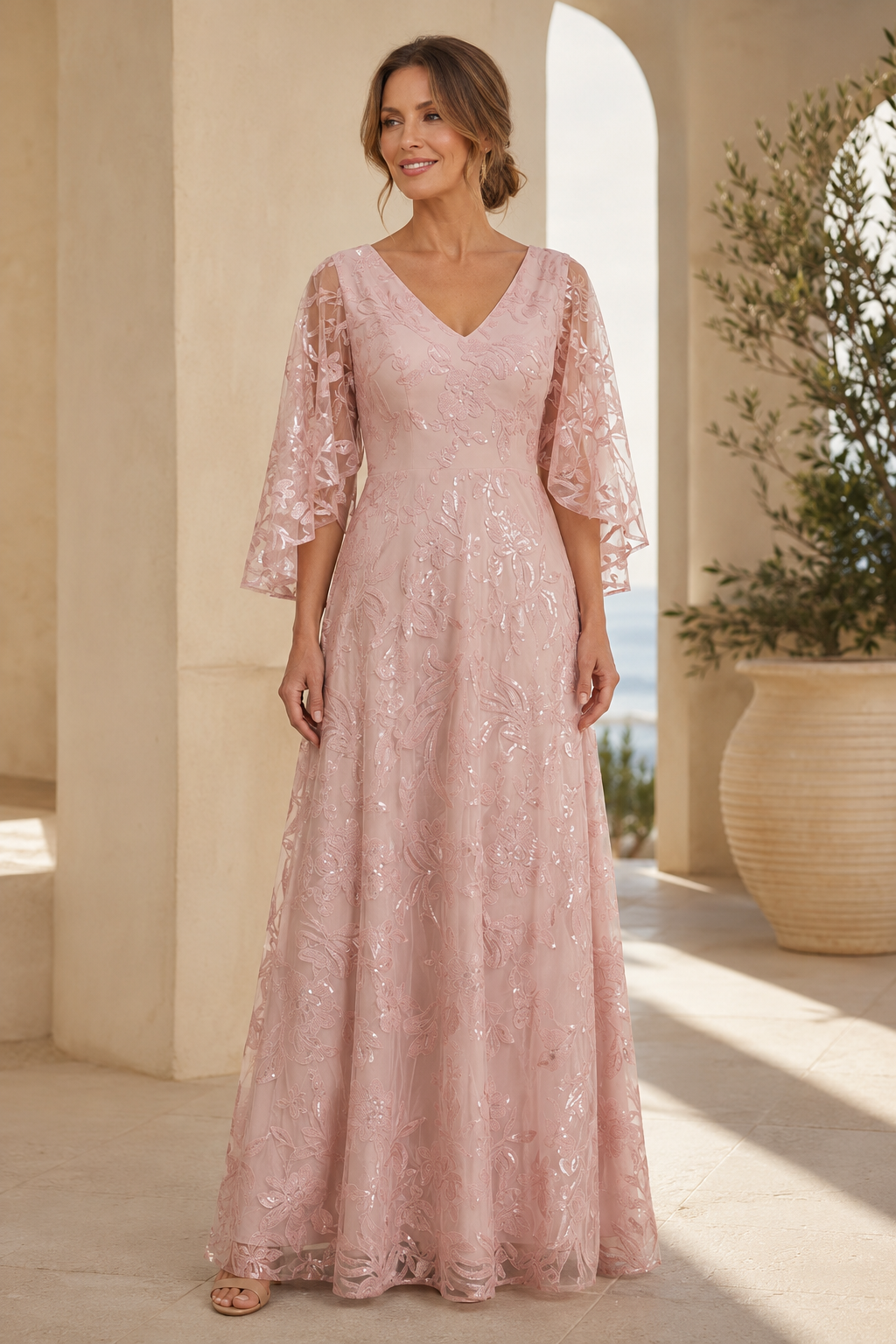 Vestido de noche acampanado con cuello en V bordado y mangas con volantes