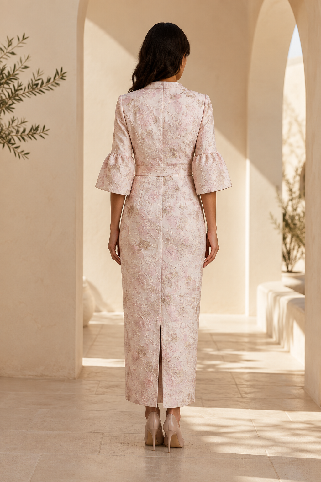Vestido estilo blazer de jacquard floral con mangas acampanadas
