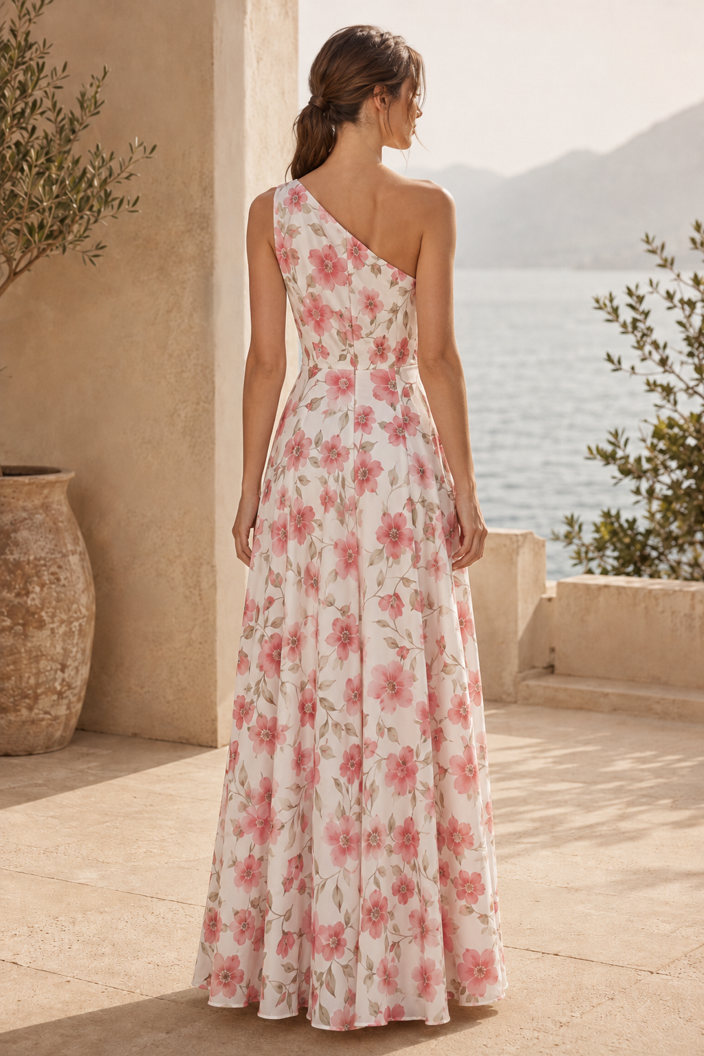 Vestido maxi floral con volantes en cascada y un solo hombro