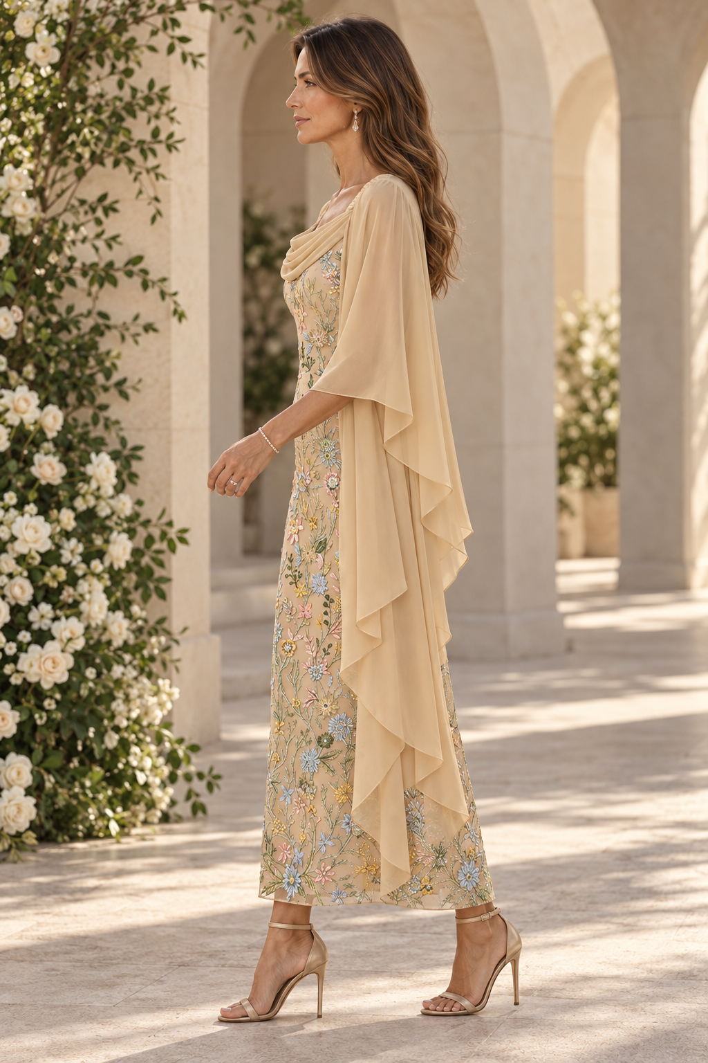 Vestido de columna bordado con capa drapeada