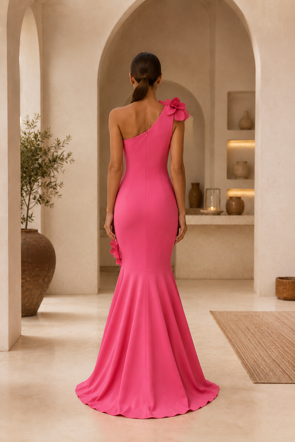 Vestido de gala sirena de un hombro con aplicaciones florales 3D