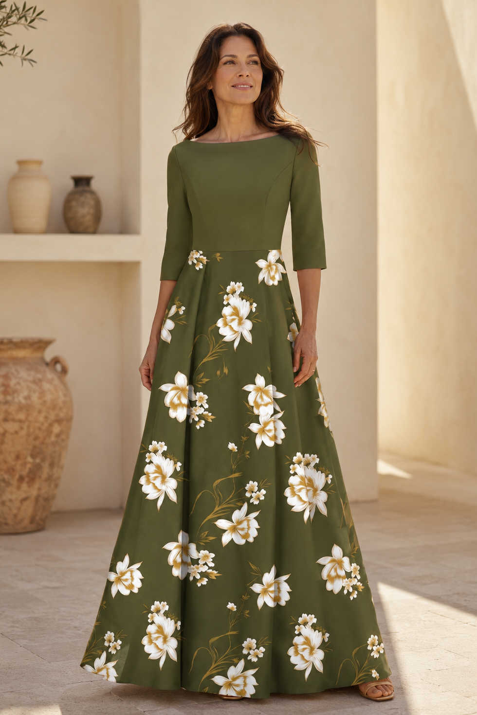 Vestido de noche acampanado con estampado floral y cuello barco
