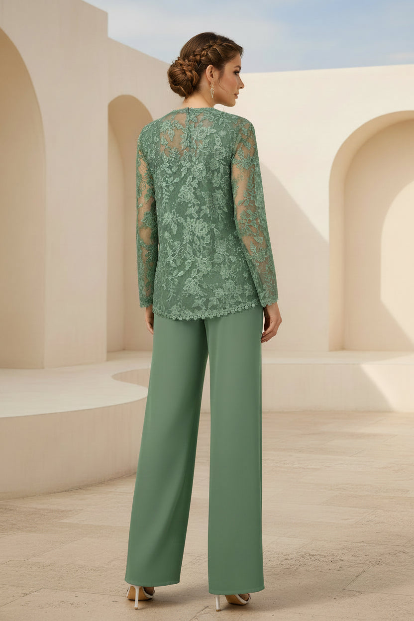 Elegante pantalón de encaje con chaqueta de manga larga a juego