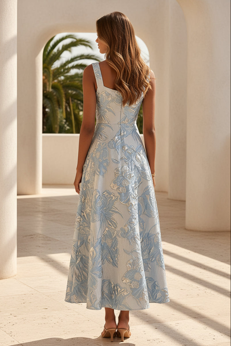 Vestido midi jacquard floral con escote cuadrado