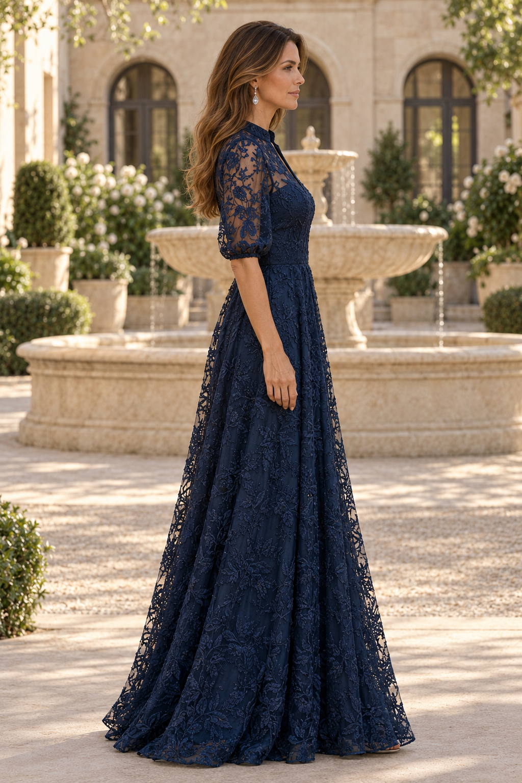 Vestido de Noche Acampanado de Encaje Floral con Mangas Tres Cuartos