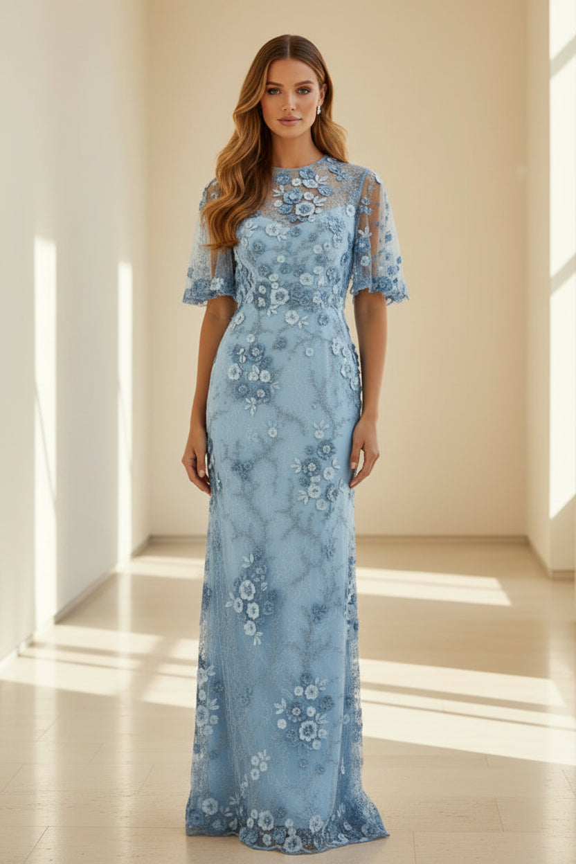 Vestido de noche con mangas de volantes y apliques florales en 3D