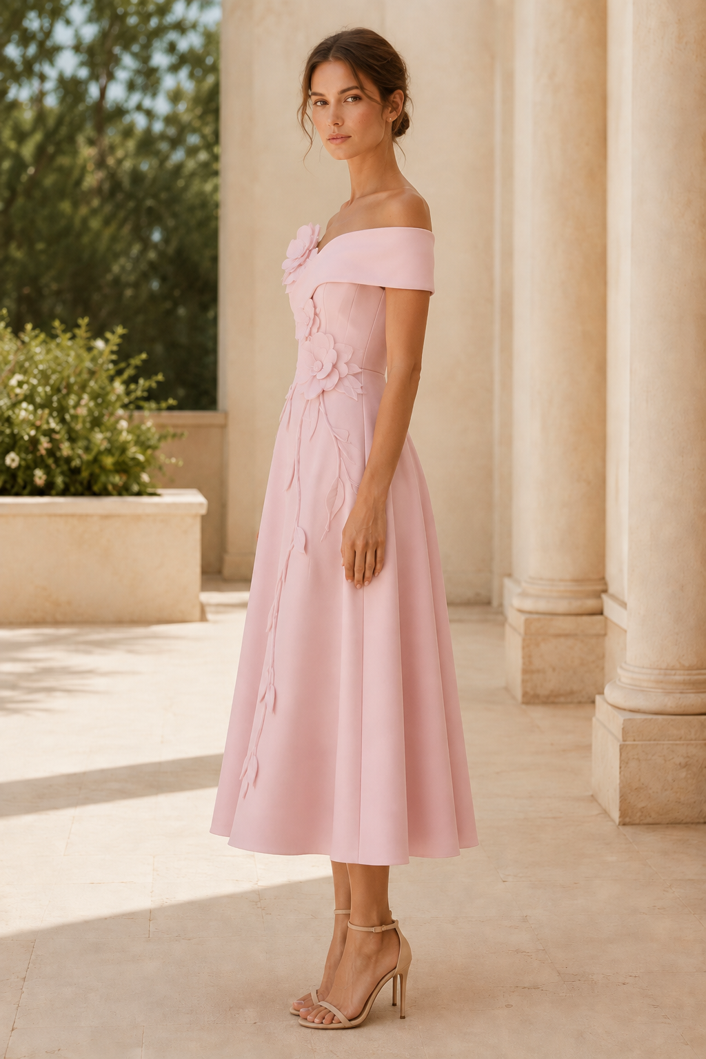 Vestido midi evasé con apliques florales y hombros descubiertos