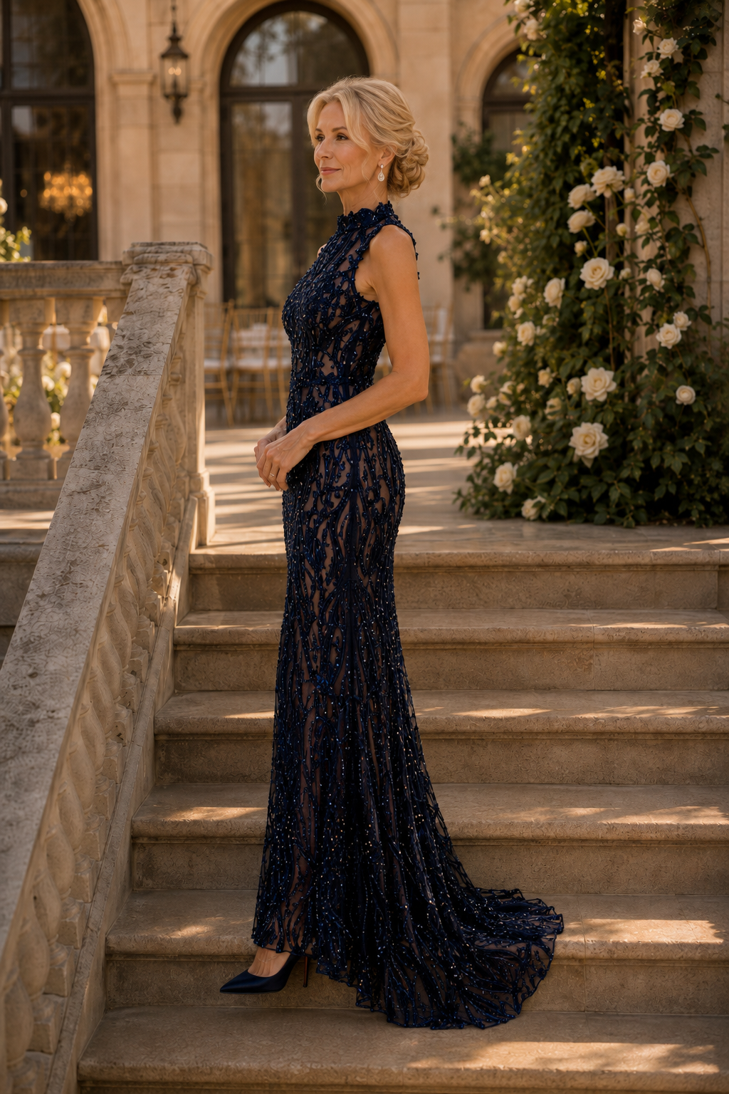 Vestido de noche sirena con cuello alto y lentejuelas