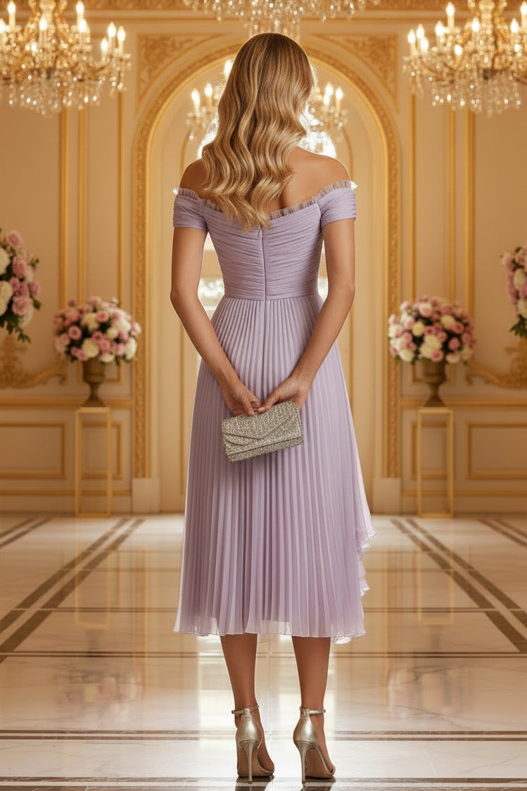Vestido Midi Plisado con Hombros Descubiertos y Cuerpo Fruncido
