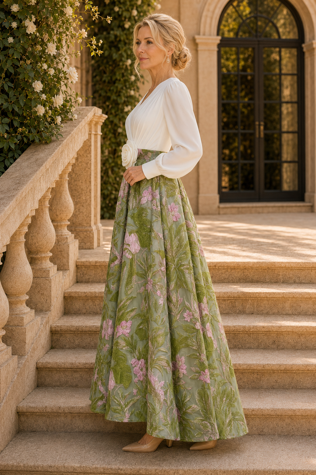 Vestido de gala jacquard de manga larga con flores 3D