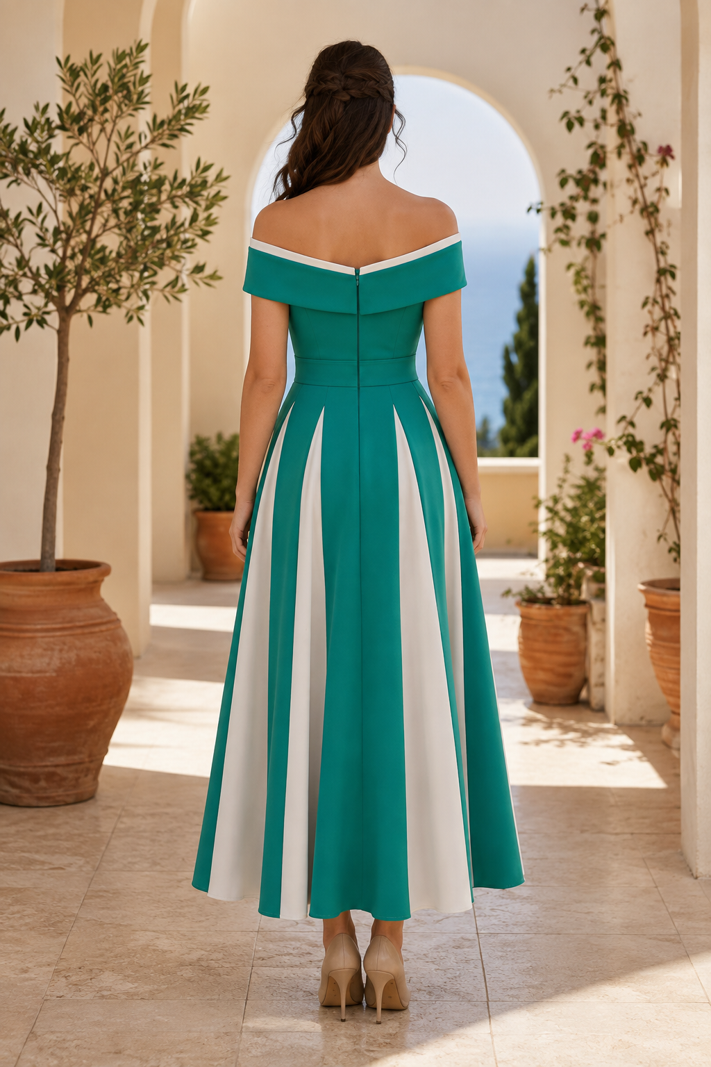 Vestido de Noche A-Line Bicolor con Hombros Descubiertos y Cinturón de Pedrería