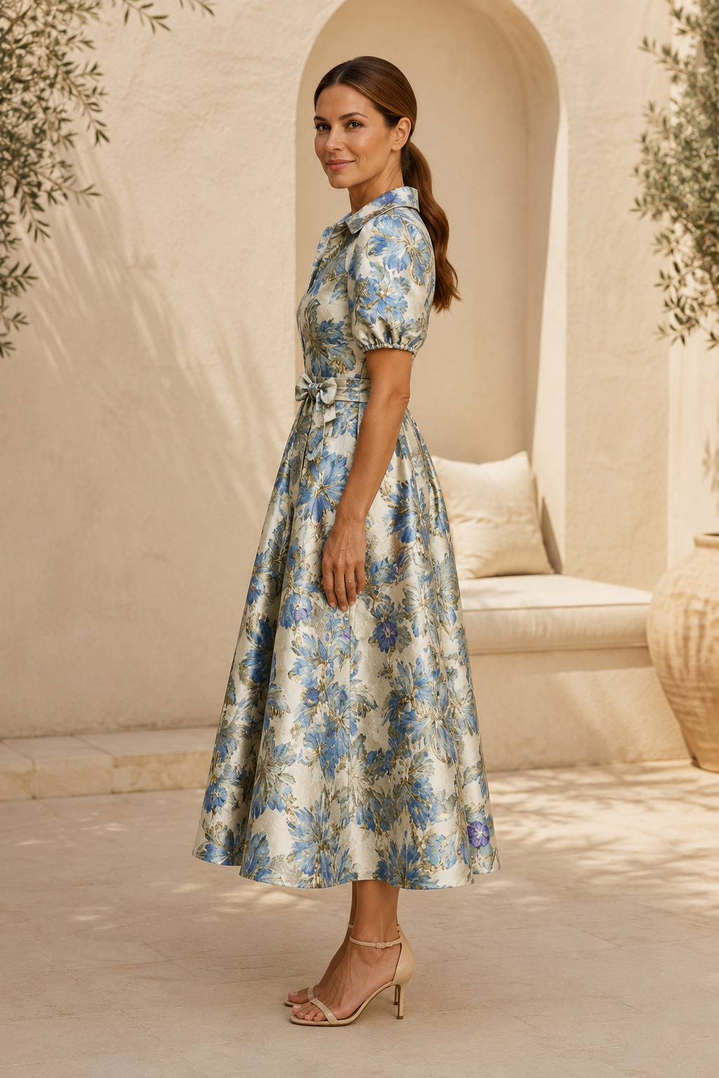 Vestido Midi Floral Jacquard con Cinturón y Mangas Abullonadas