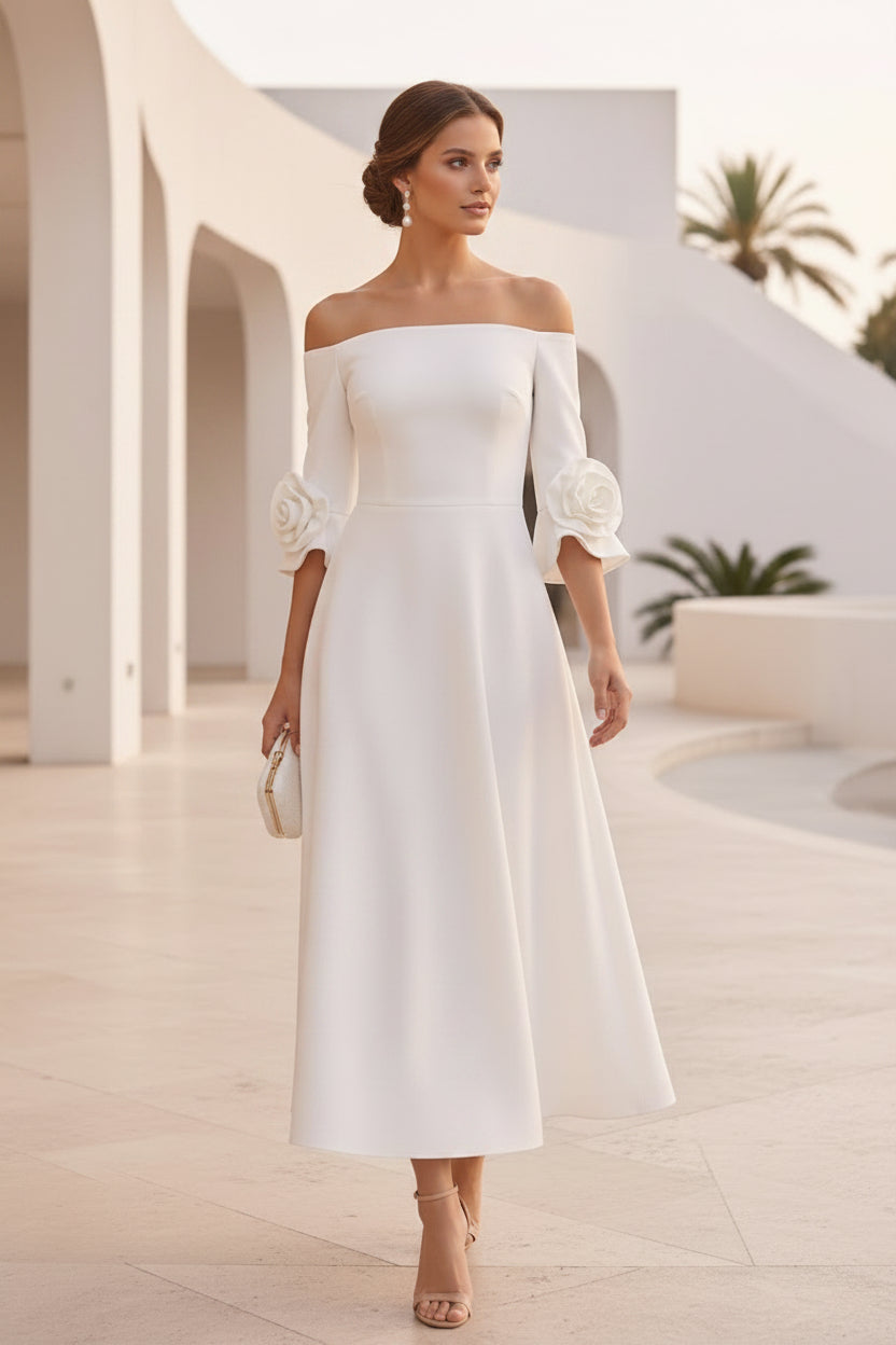Vestido Midi con Hombros Descubiertos y Mangas con Puño de Rosa