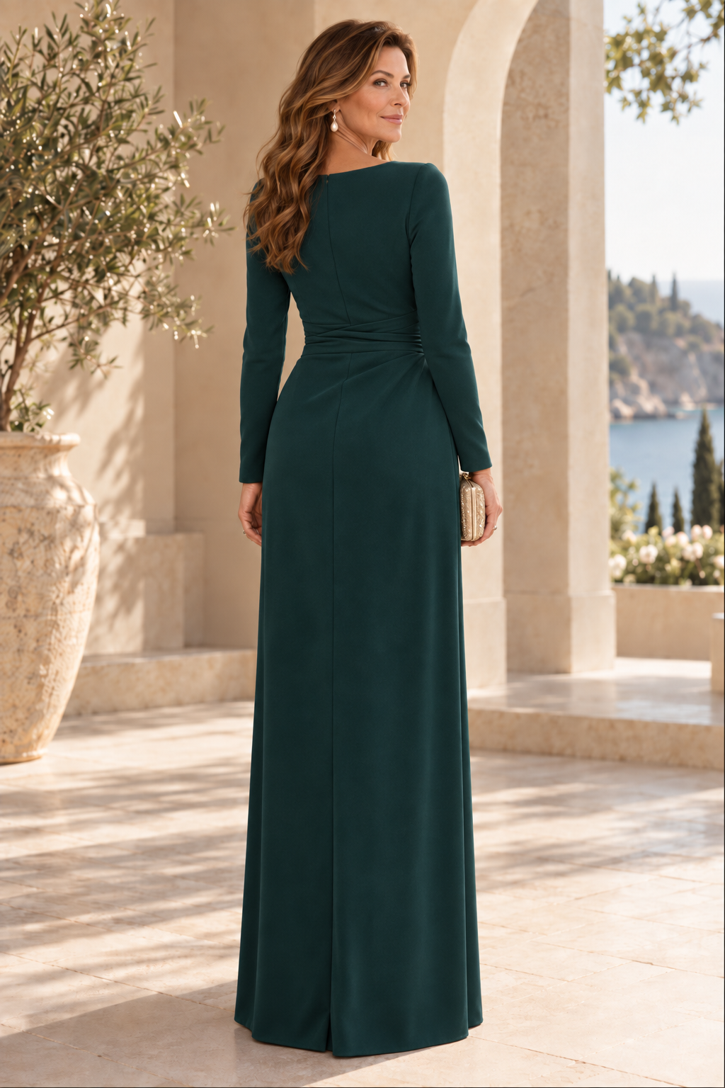 Long Sleeve Ruched Sheath Gown with Front Slit