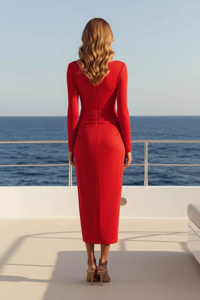 Vestido midi drapeado de manga larga tipo barco