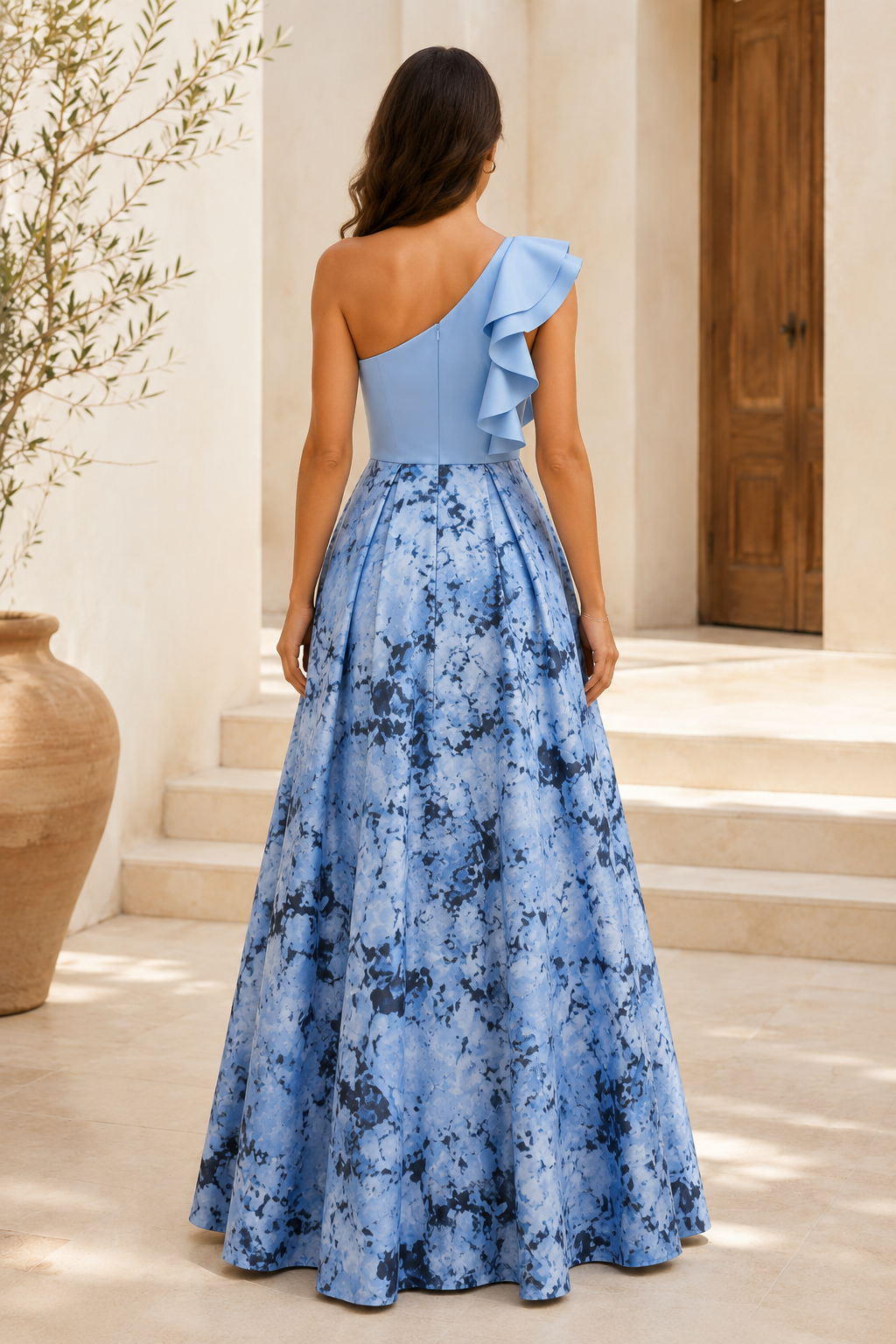 Vestido de noche acampanado con estampado floral, un solo hombro y volantes