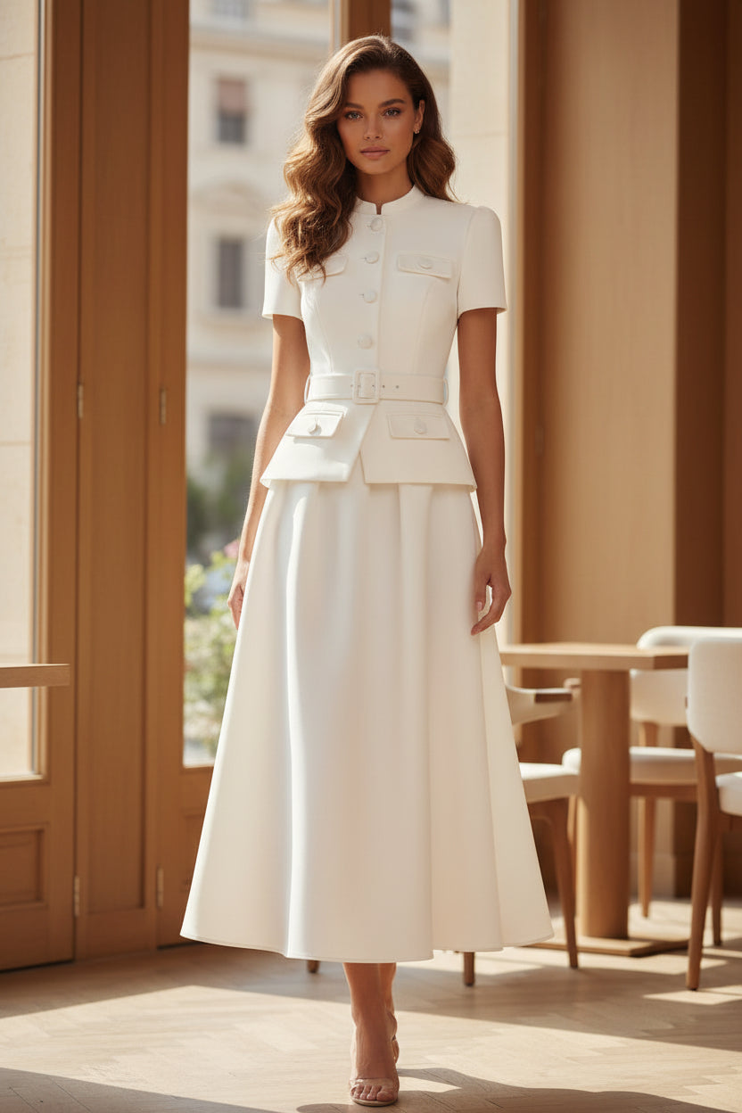 Conjunto de vestido midi acampanado con chaqueta y cinturón