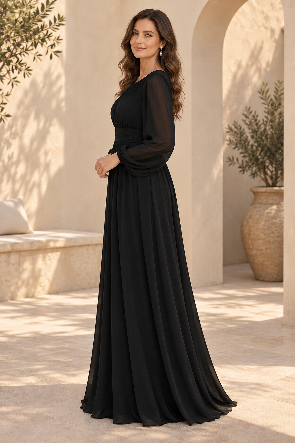 Pleated Square Neck Long Sleeve Evening Gown