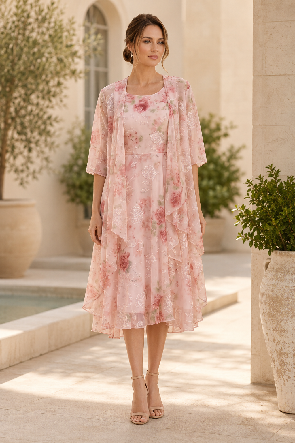Vestido midi floral escalonado con chaqueta transparente