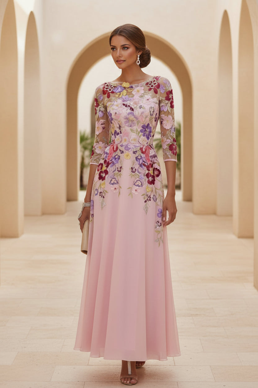Vestido de gala de gasa con corpiño de malla bordado floral