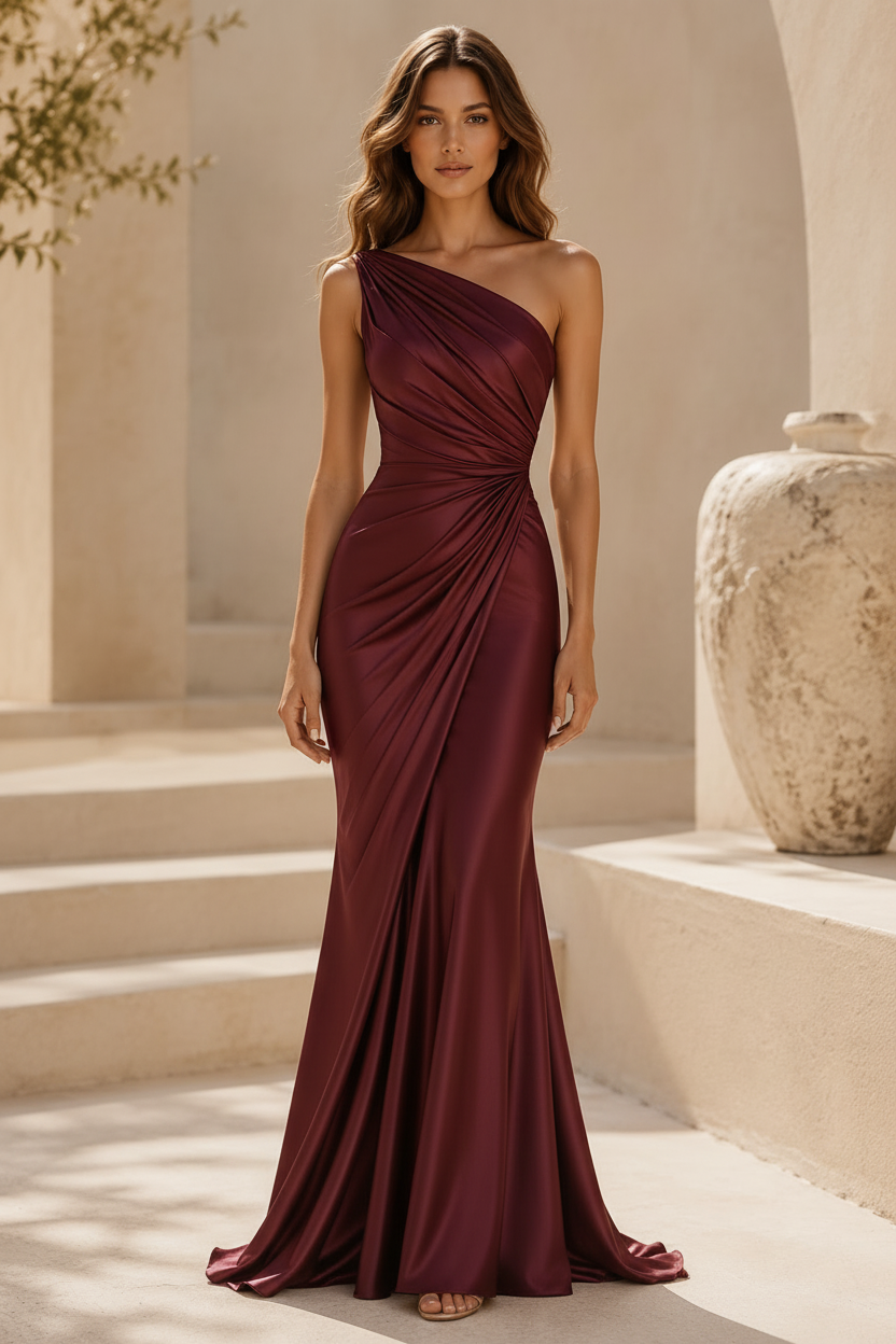 Vestido de noche sirena de satén fruncido con un solo hombro