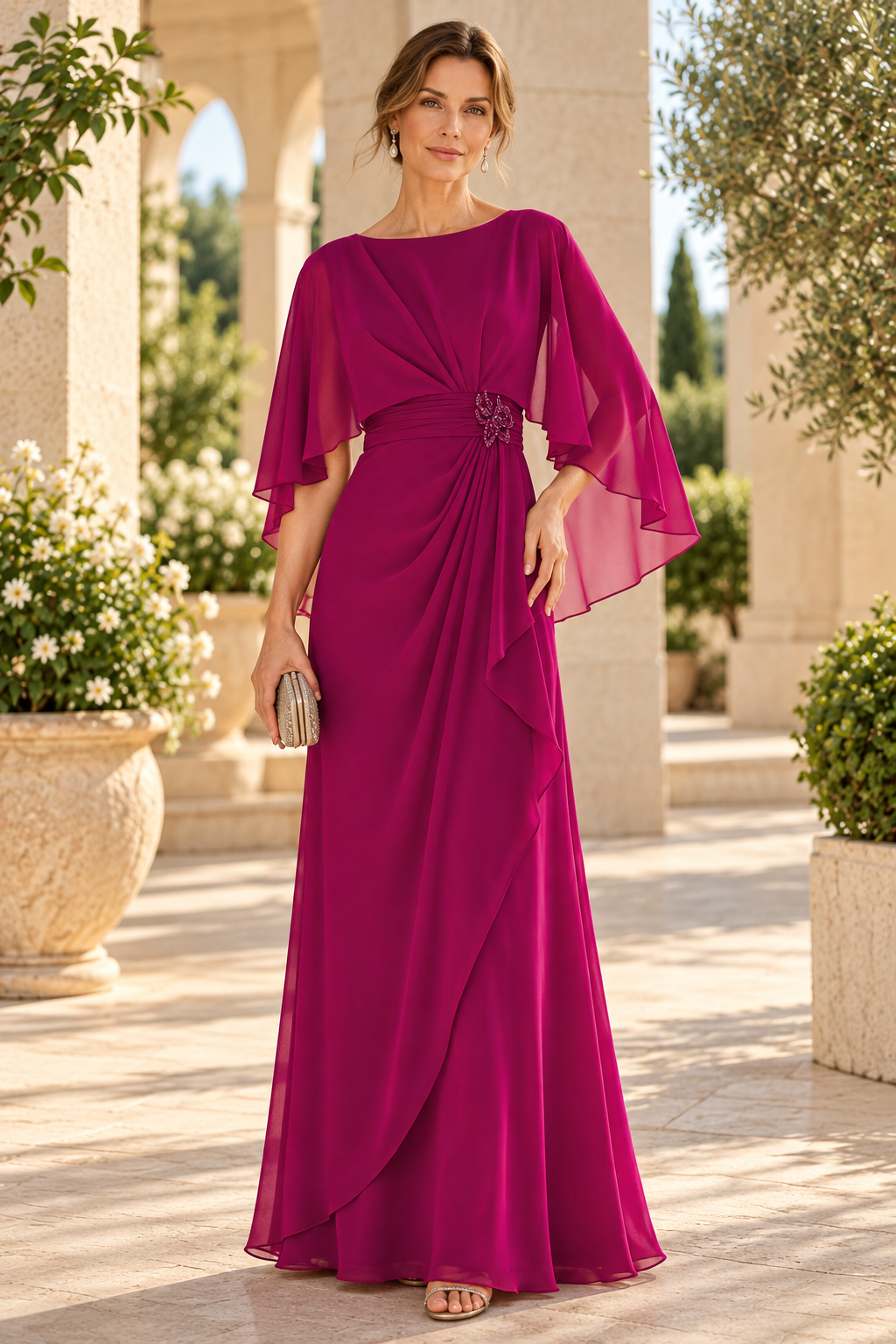 Chiffon Cape Sleeve Evening Dress with Brooch