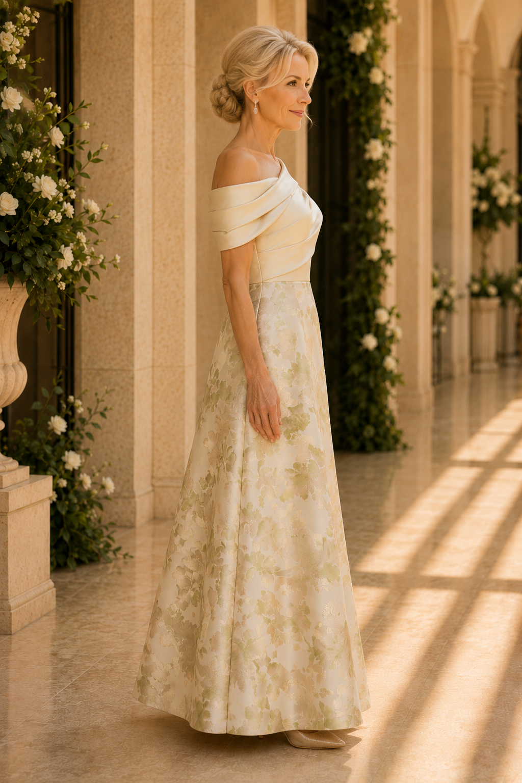 Vestido Acampanado Asimétrico de Jacquard con Pliegues